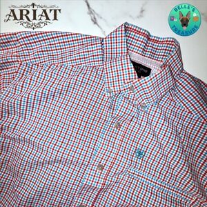 ARIAT Shirt Mens Medium Vented Plaid Short‎ Sleeve Button Down Red Blue White